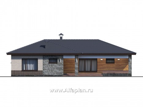 Проекты домов Альфаплан - «Алазея» - просторный одноэтажный дом с сауной и террасой - превью фасада №2