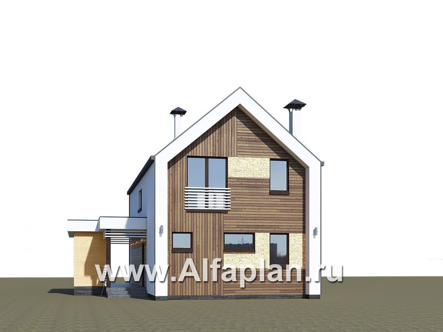 «Барн» - проект дома с мансардой, современный стиль барнхаус, с сауной, с боковой террасой - дизайн дома №1
