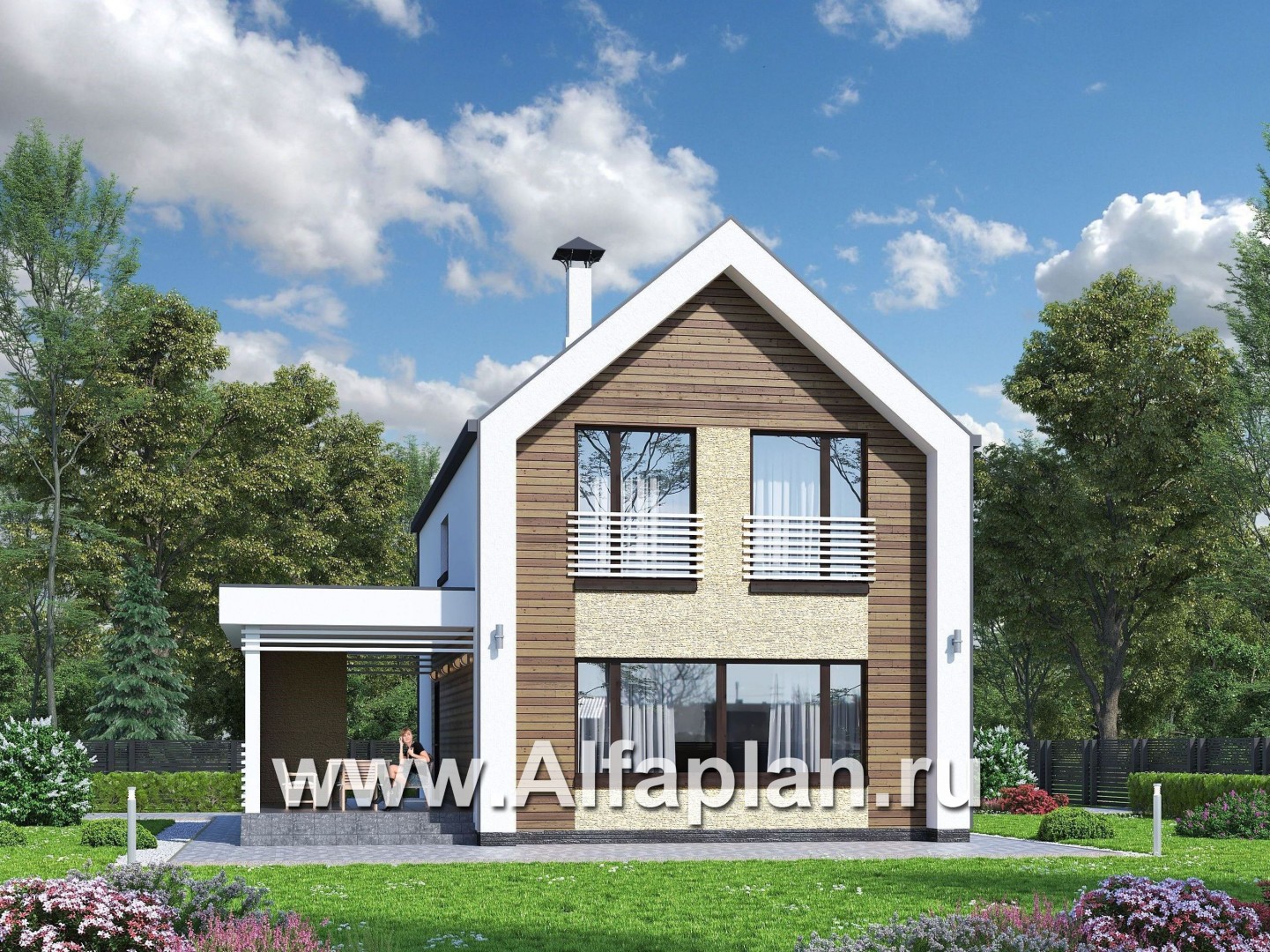 «Барн» - проект дома с мансардой, современный стиль барнхаус, с сауной, с боковой террасой - основное изображение
