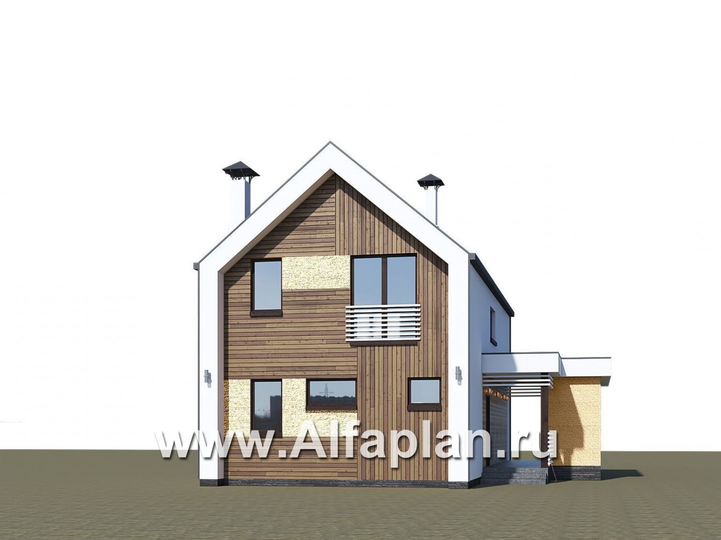 «Барн» - проект дома с мансардой, современный стиль барнхаус, с сауной, с боковой террасой - дизайн дома №1