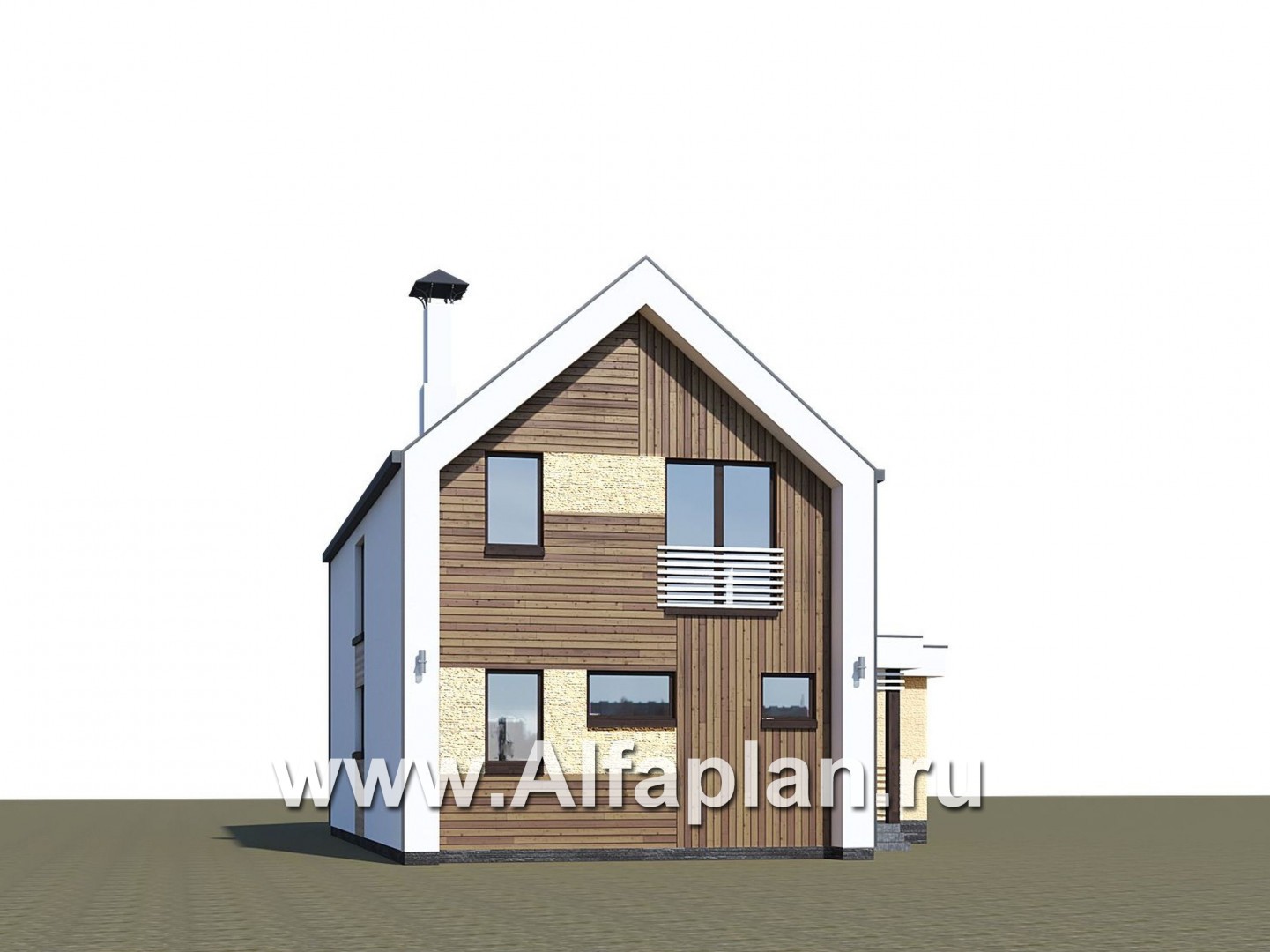 «Барн» - проект дома с мансардой, современный стиль барнхаус, с сауной, с боковой террасой - дизайн дома №2