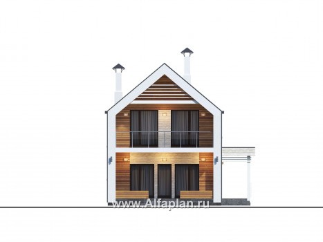 «Барн» - проект дома с мансардой, современный стиль барнхаус, с сауной, с террасой к дому и с балконом - превью фасада дома