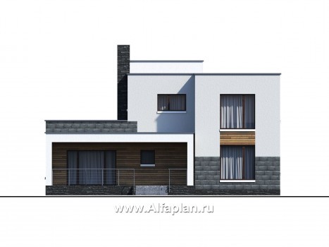 «Футура» - современный двухэтажный дом, с террасой и сауной, с плоской крышей, в стиле минимализм - превью фасада дома