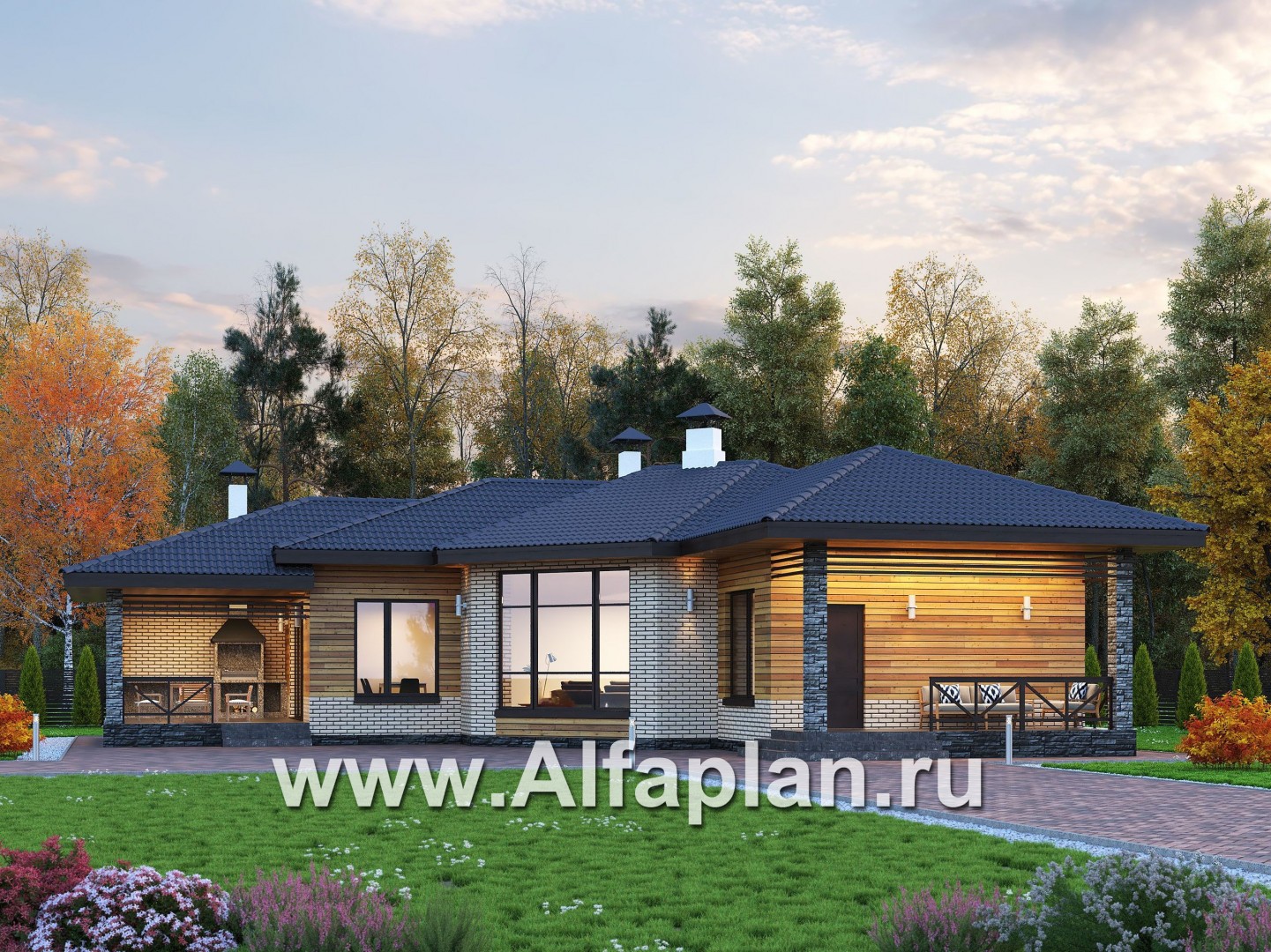 «Ореол» - проект одноэтажного дома, с оригинальным планом,  с террасой, планировка дома 2 спальни - основное изображение