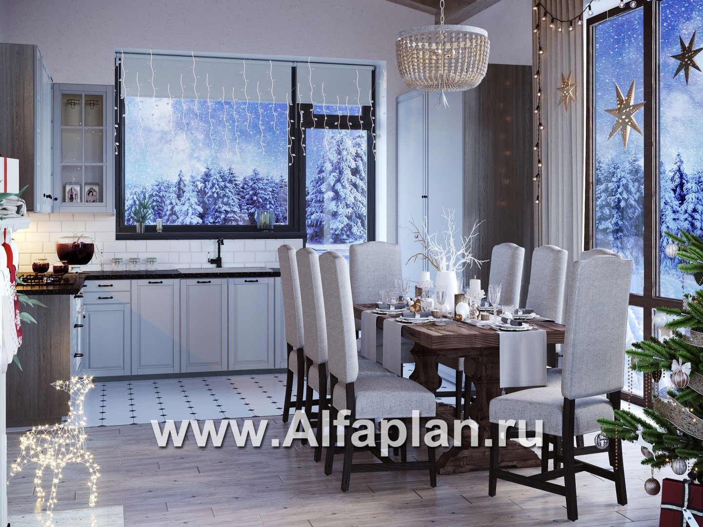 Проект современного загородного дома, планировка с высокой гостиной, две спальни на 1 эт - дизайн дома №3