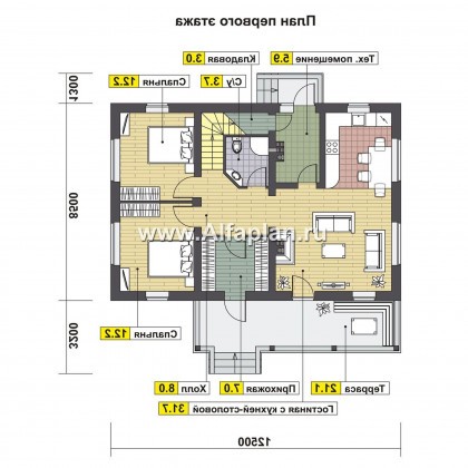 Проект дома с мансардой, планировка две спальни на 1 эт, с террасой,в стиле шале - превью план дома