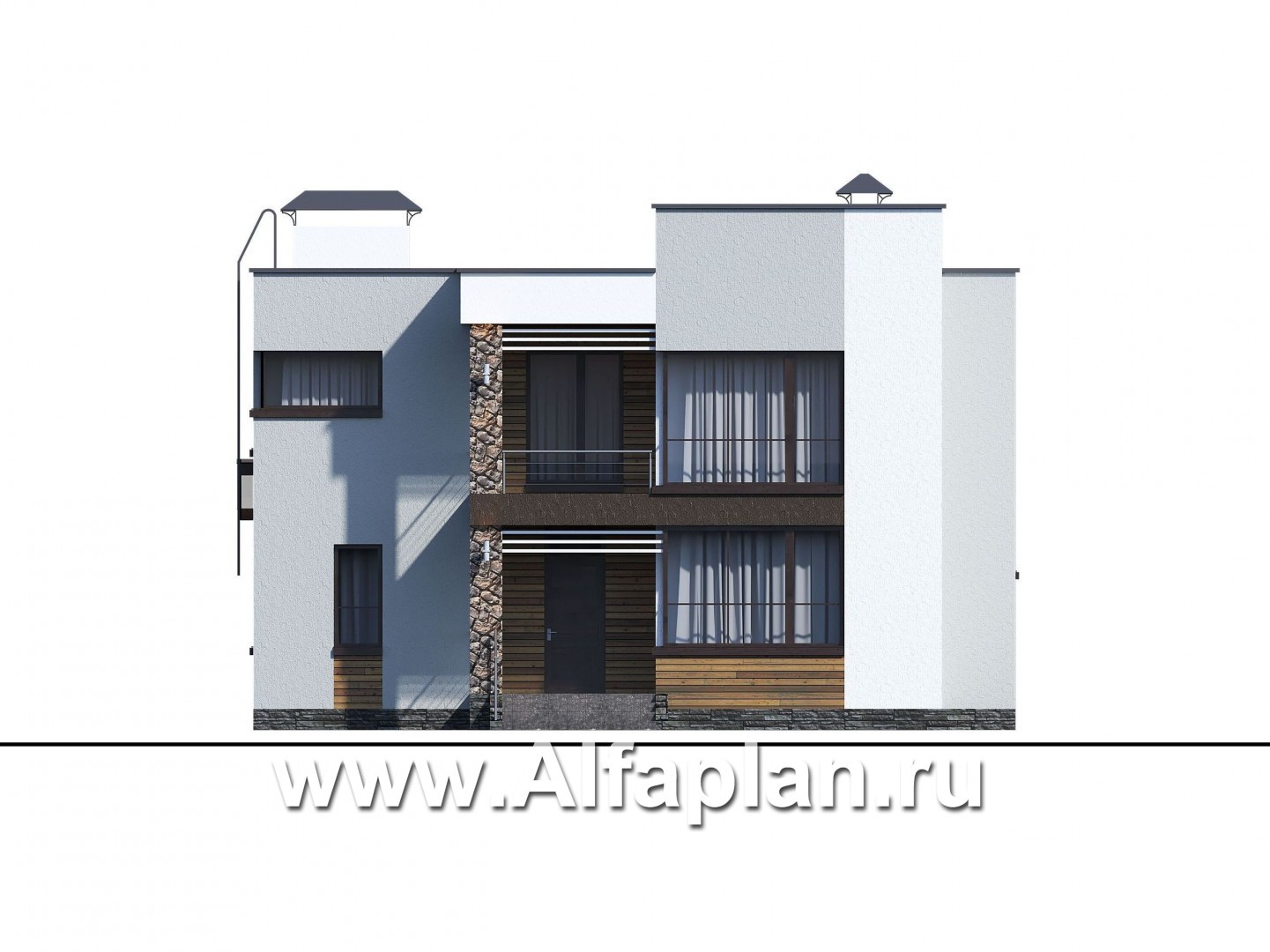 «Престиж» - проект двухэтажного дома, в стиле хай-тек, с террасой и с плоской кровлей - фасад дома