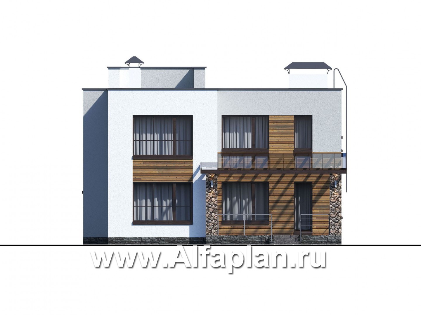 «Престиж» - проект двухэтажного дома, в стиле хай-тек, с террасой и с плоской кровлей - фасад дома