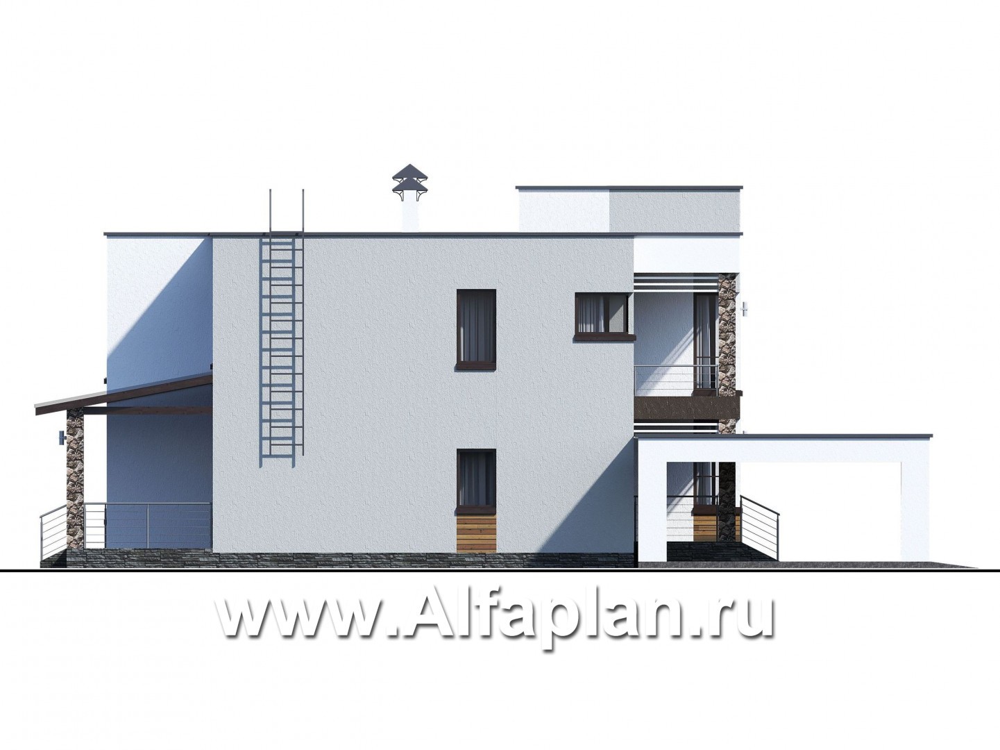 «Престиж» - проект двухэтажного дома, в стиле хай-тек, с террасой и с плоской кровлей, с навесом на 2 авто - фасад дома