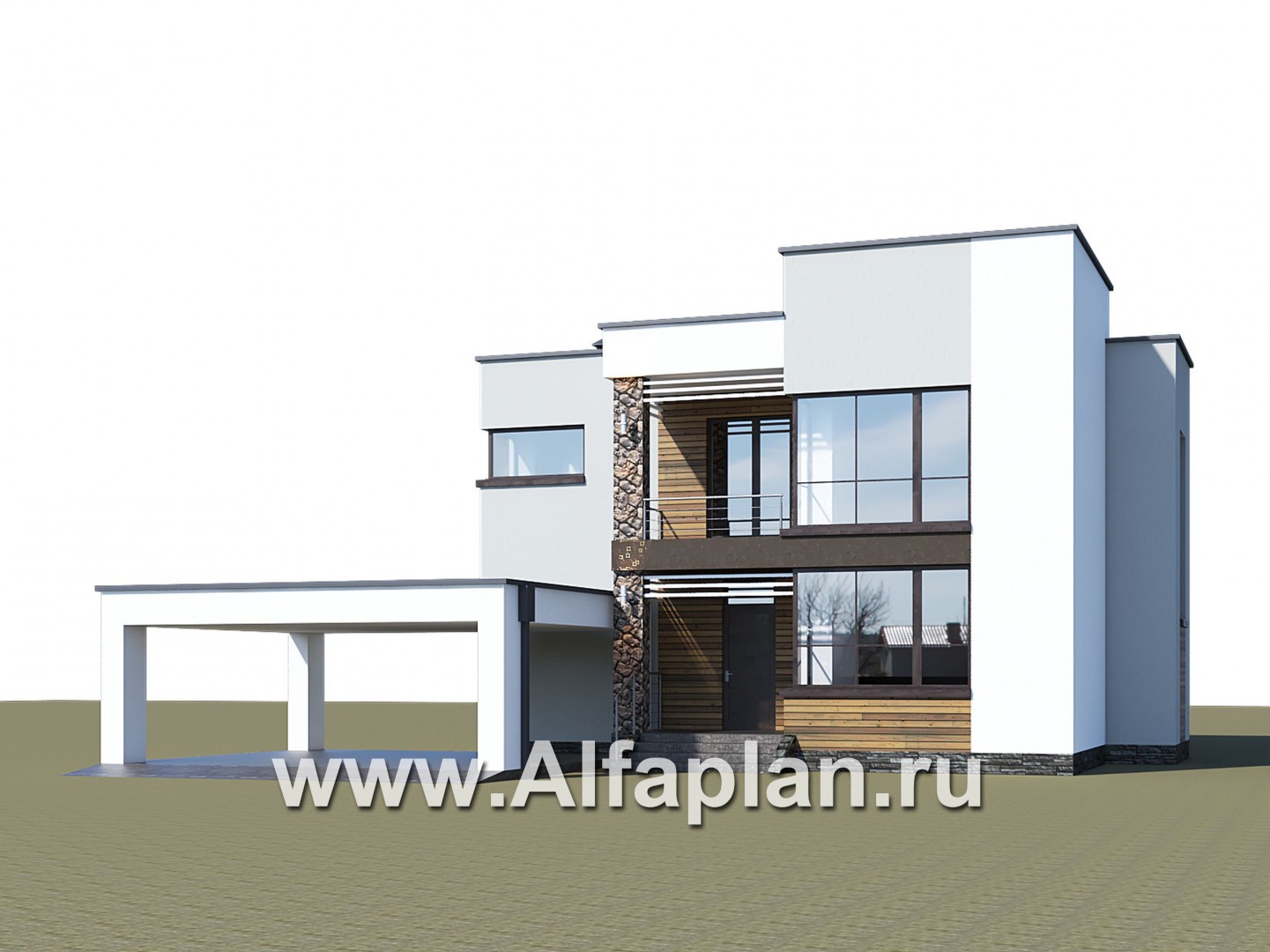«Престиж» - проект двухэтажного дома, в стиле хай-тек, с террасой и с плоской кровлей, с навесом на 2 авто - дизайн дома №1