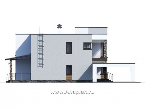 «Престиж» - проект двухэтажного дома, в стиле хай-тек, с террасой и с плоской кровлей, с навесом на 2 авто - превью фасада дома