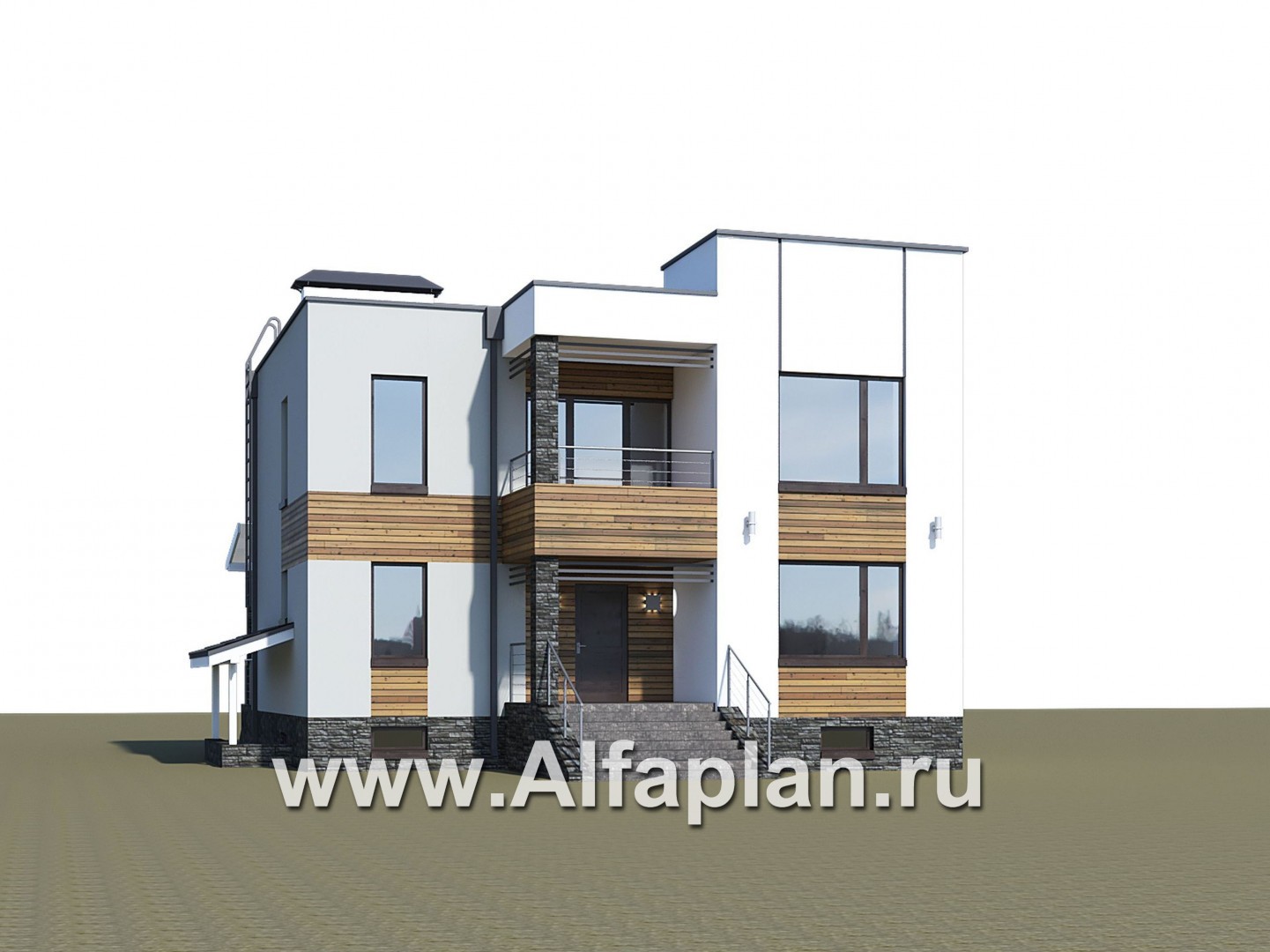 «Престиж» - проект двухэтажного дома, в стиле хай-тек, с террасой и с плоской кровлей, с цокольным этажом - дизайн дома №1