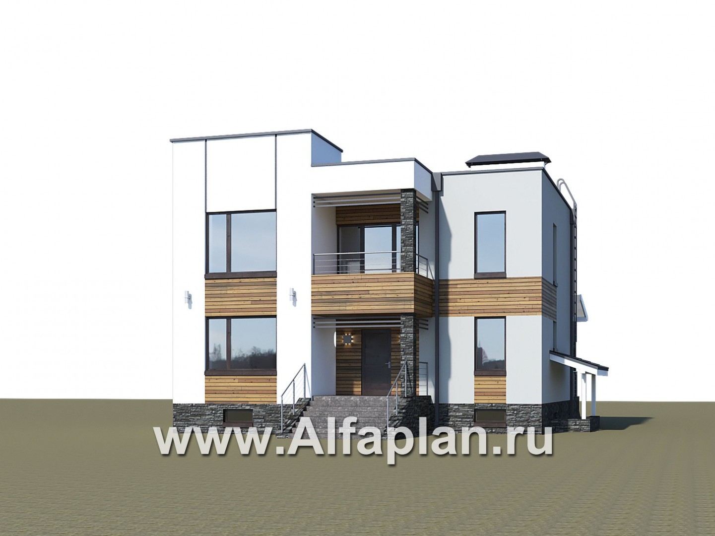 «Престиж» - проект двухэтажного дома, в стиле хай-тек, с террасой и с плоской кровлей, с цокольным этажом - дизайн дома №1