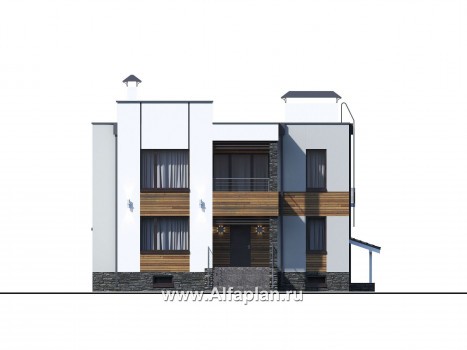 «Престиж» - проект двухэтажного дома, в стиле хай-тек, с террасой и с плоской кровлей, с цокольным этажом - превью фасада дома