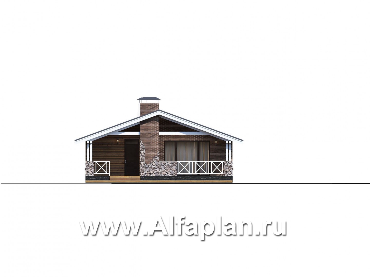 «Эвтерпа» - проект одноэтажного дома, 3 спальни, с террасой и двускатной крышей, для узкого участка - фасад дома