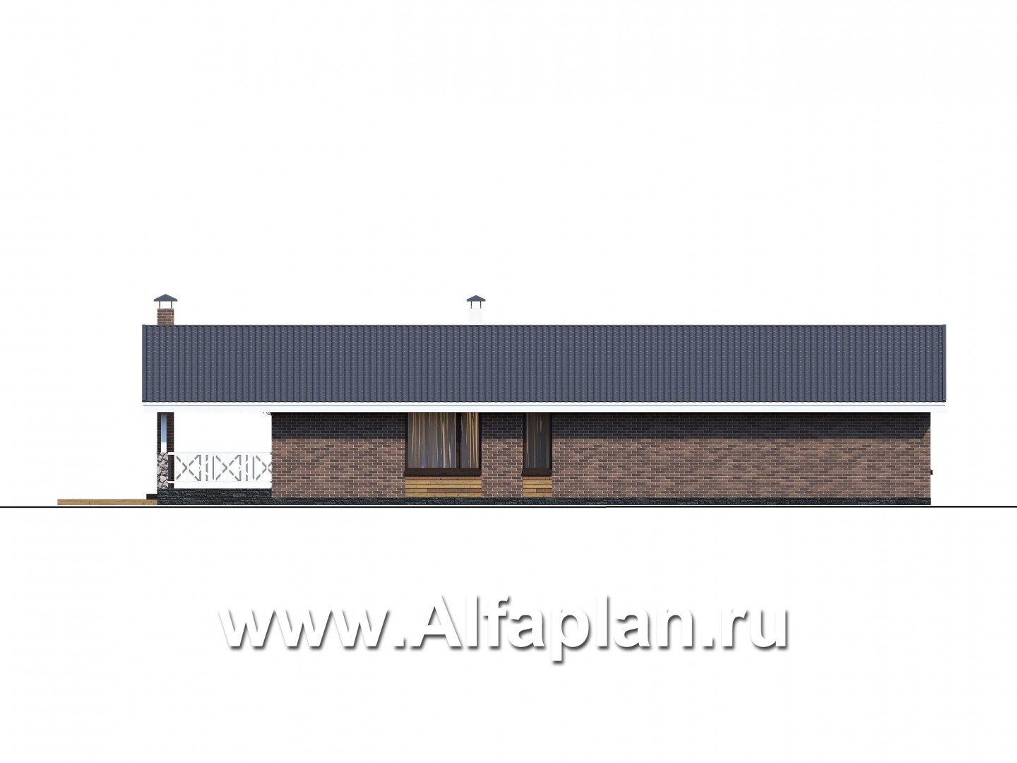 «Эвтерпа» - проект одноэтажного дома, 3 спальни, с террасой и двускатной крышей, для узкого участка - фасад дома