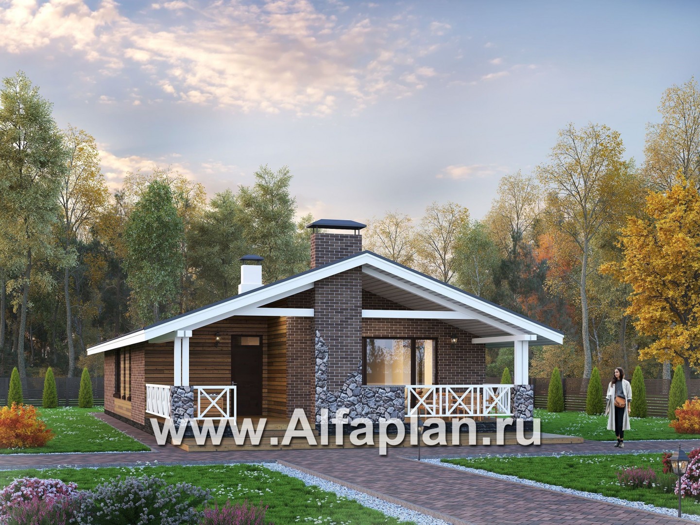 «Эвтерпа» - проект одноэтажного дома, 3 спальни, с террасой и двускатной крышей, для узкого участка - основное изображение