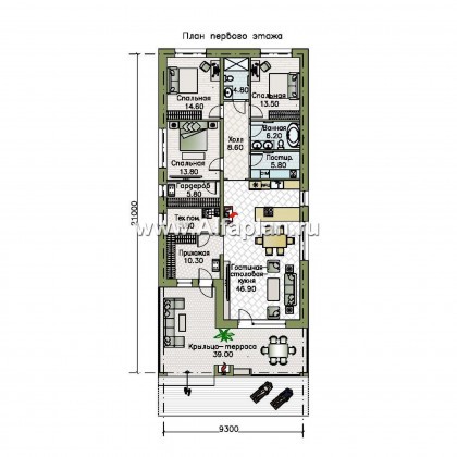 «Эвтерпа» - проект одноэтажного дома, 3 спальни, с террасой и двускатной крышей, для узкого участка - превью план дома