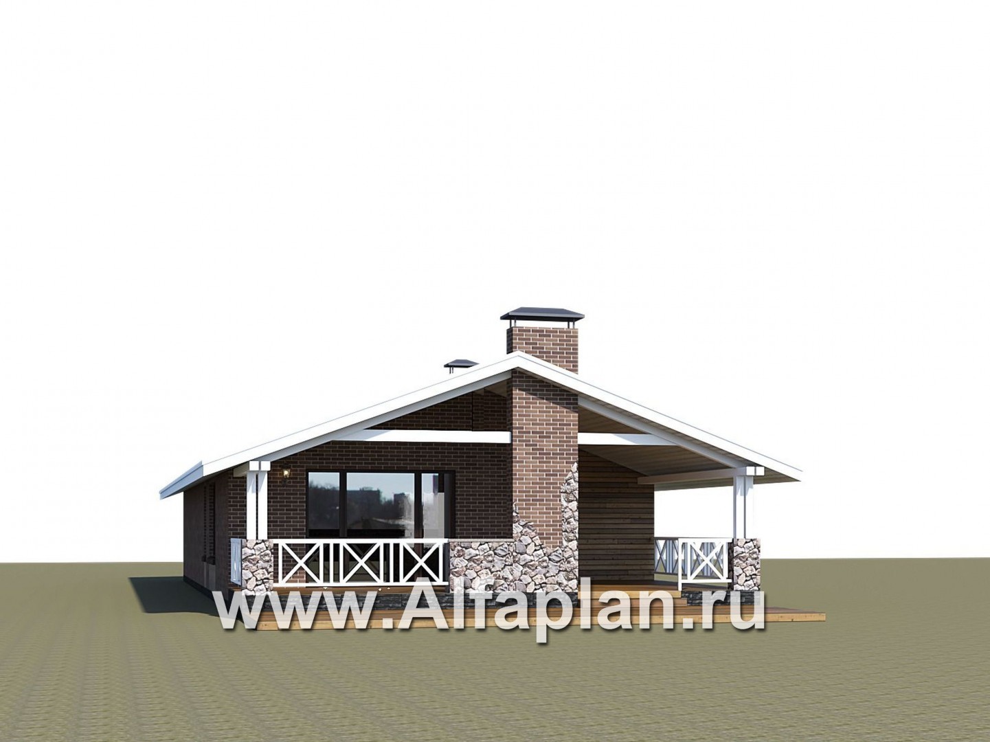 «Эвтерпа» - проект одноэтажного дома, 3 спальни, с террасой и двускатной крышей, для узкого участка - дизайн дома №1