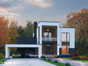 Превью проекта ««Футура» - современный двухэтажный дом, с террасой и с плоской крышей, навес на 2 авто, в стиле минимализм»