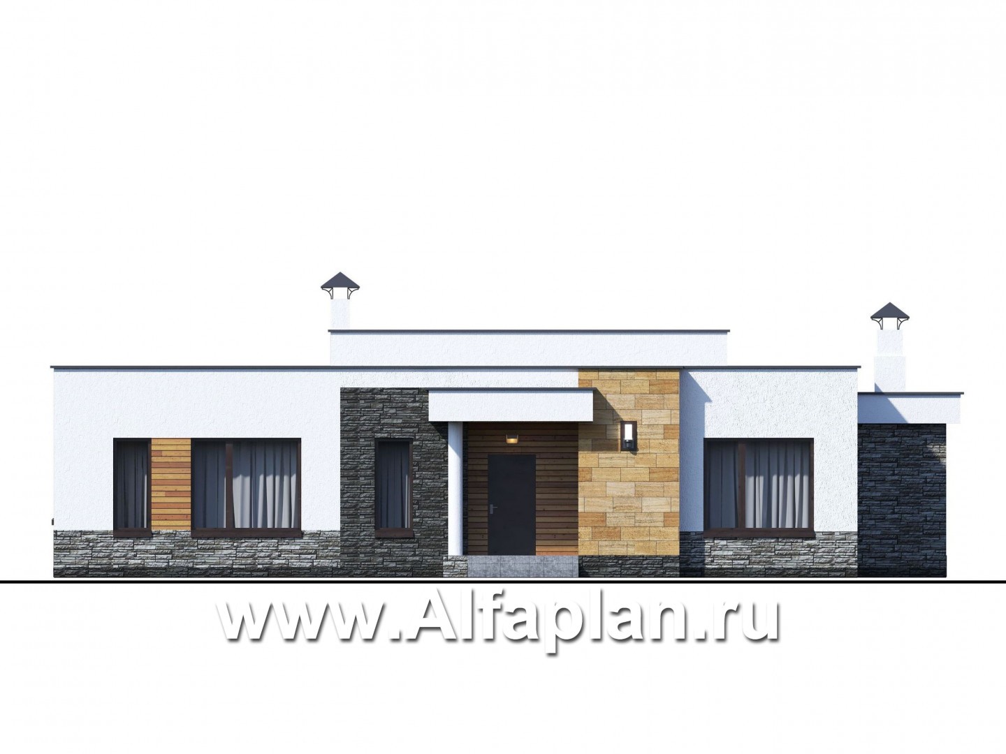 «Мадейра» - проект одноэтажного дома из газобетона, с террасой, в современном стиле с плоской крышей - фасад дома