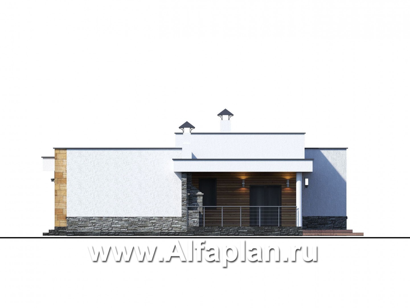 «Мадейра» - проект одноэтажного дома из газобетона, с террасой, в современном стиле с плоской крышей - фасад дома