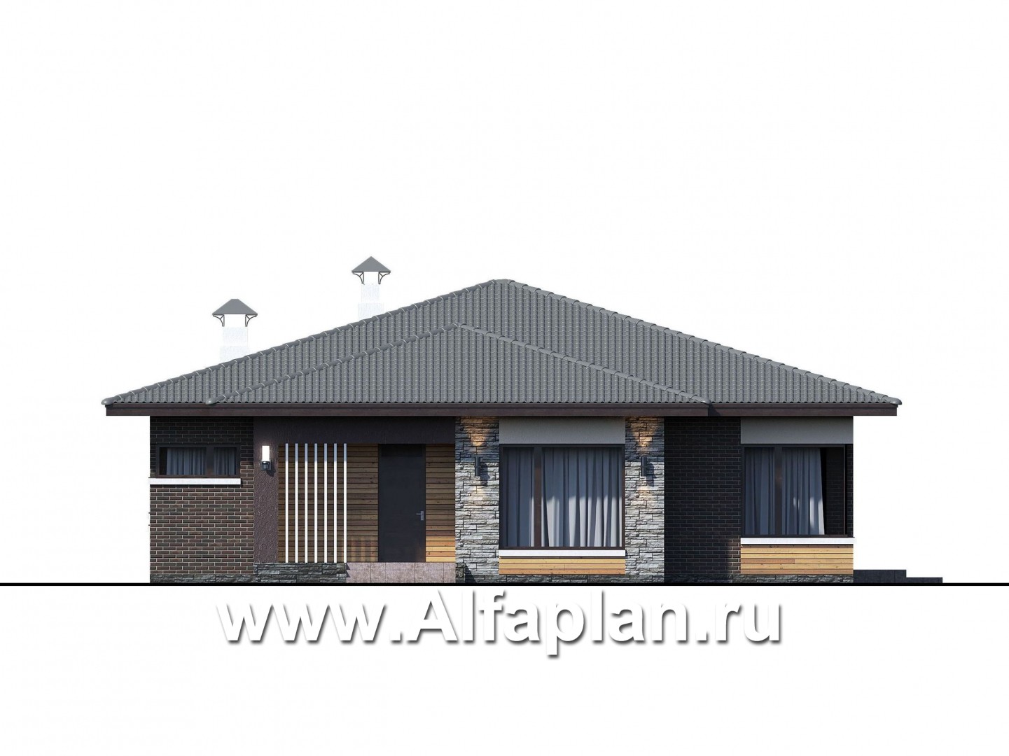 «Ангара» -  проект одноэтажного дома, с террасой и сауной, мастер спальня - фасад дома