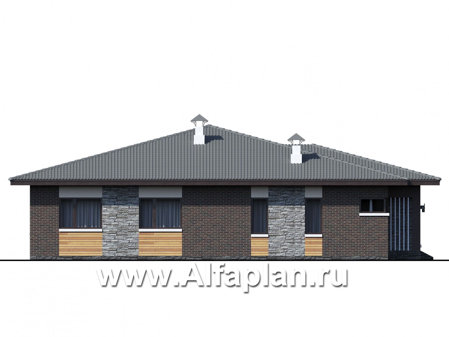 «Ангара» -  проект одноэтажного дома, с террасой и сауной, мастер спальня - фасад дома