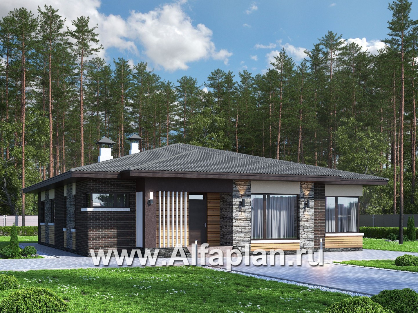 «Ангара» -  проект одноэтажного дома, с террасой и сауной, мастер спальня - основное изображение