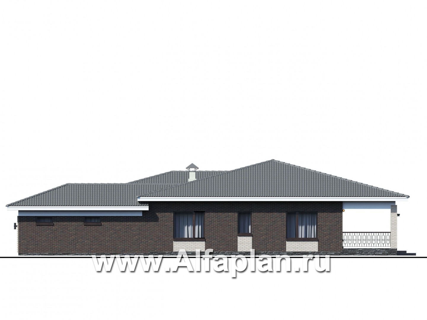 «Зодиак» - проект одноэтажного дома, с террасой, с гаражом, в стиле Райта - фасад дома