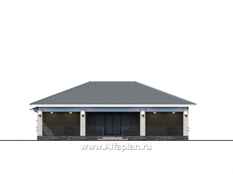 «Зодиак» - проект одноэтажного дома, с террасой, с гаражом, в стиле Райта - превью фасада дома