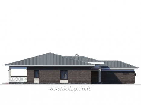 «Зодиак» - проект одноэтажного дома, с террасой, с гаражом, в стиле Райта - превью фасада дома