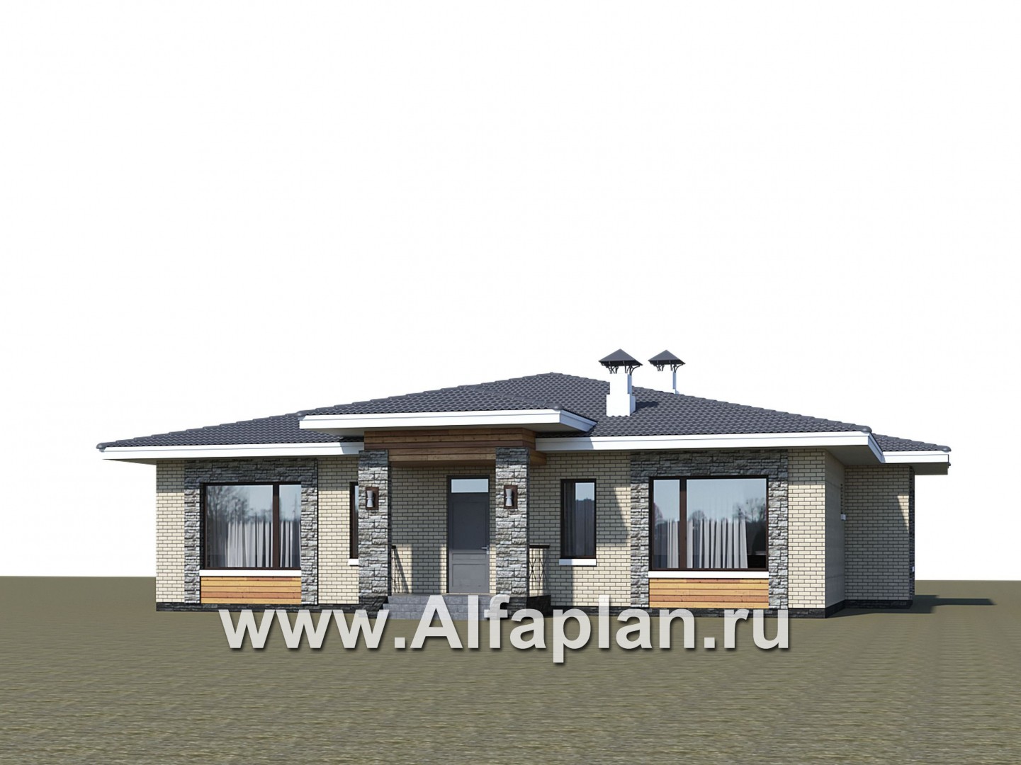 «Аккорд» - проект одноэтажного дома, квадрат в плане, с террасой, мастер спальня - дизайн дома №1