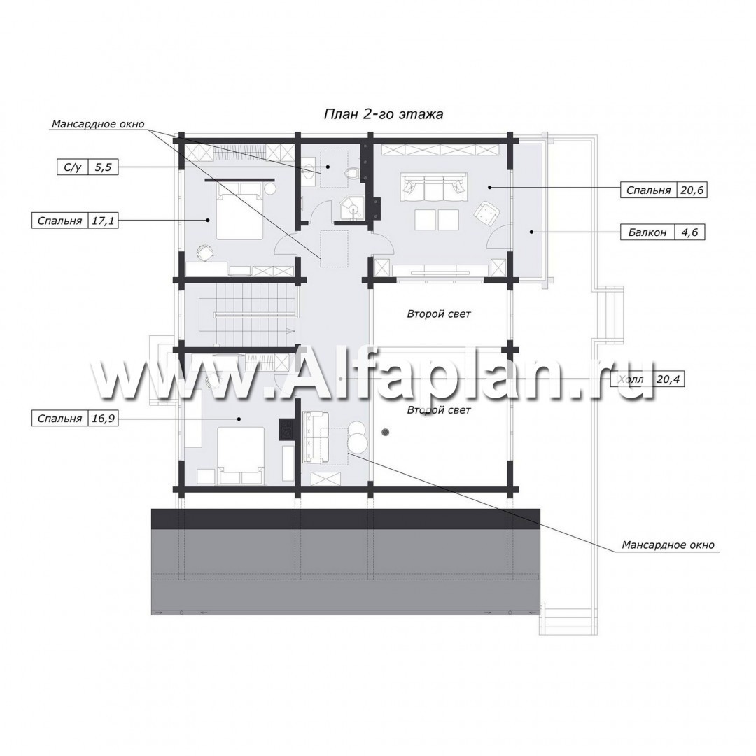 Проект дома с мансардой из бруса, планировка со вторым светом и кабинетом на 1 эт, с террасой. - план дома