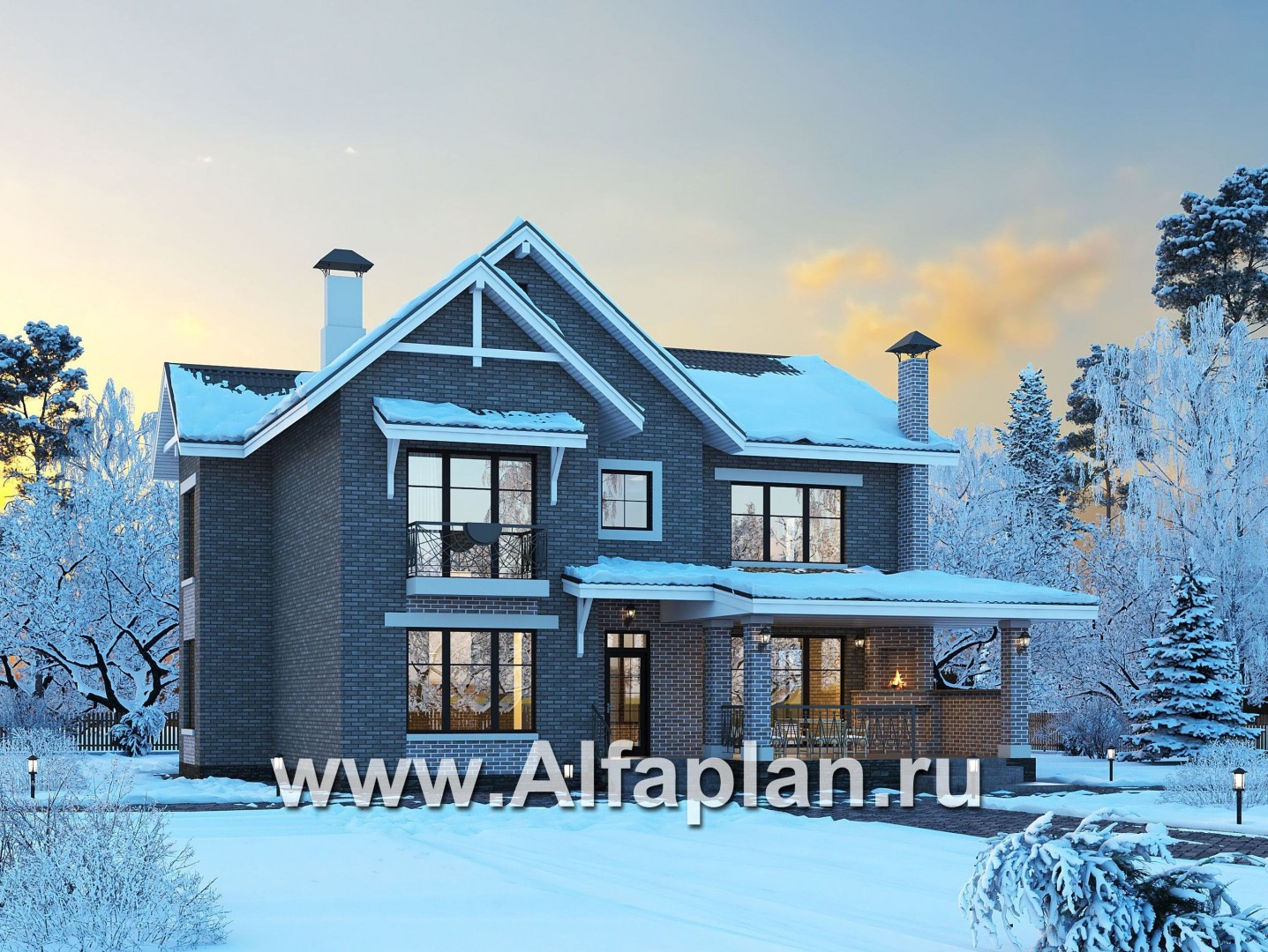 «Сафо» - проект двухэтажного дома, из кирпича, второй свет гостиной, с сауной и с террасой - основное изображение