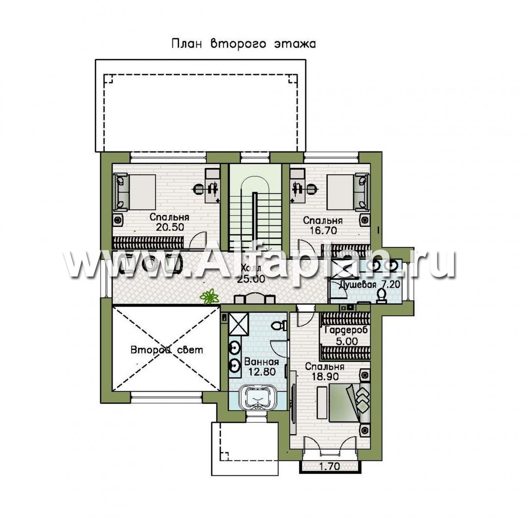 «Сафо» - проект двухэтажного дома, из кирпича, второй свет гостиной, с сауной и с террасой, американский стиль - план дома