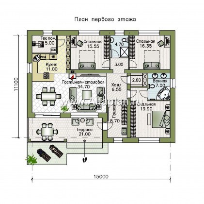 «Гравитация» - проект одноэтажного дома, с террасой, 3 спальни, в современном стиле - превью план дома