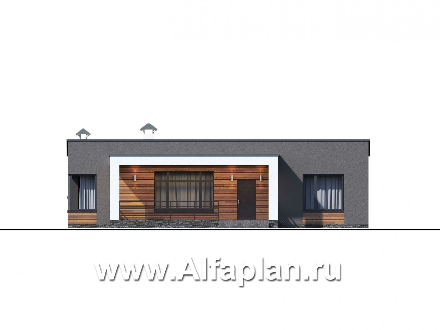 Проекты домов Альфаплан - "Соната" - проект одноэтажного дома с тремя спальнями - изображение фасада №1
