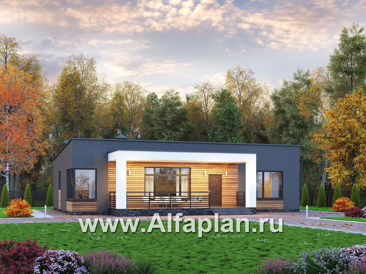 Проекты домов Альфаплан - "Соната" - проект одноэтажного дома с тремя спальнями - основное изображение