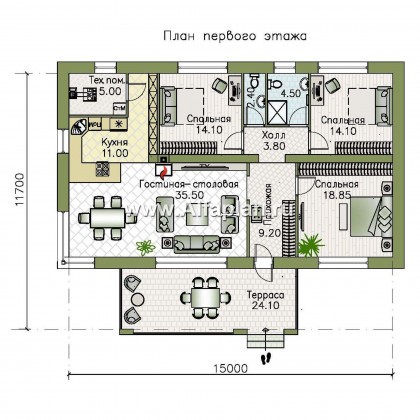 Проекты домов Альфаплан - "Соната" - проект одноэтажного дома с тремя спальнями - превью плана проекта №1