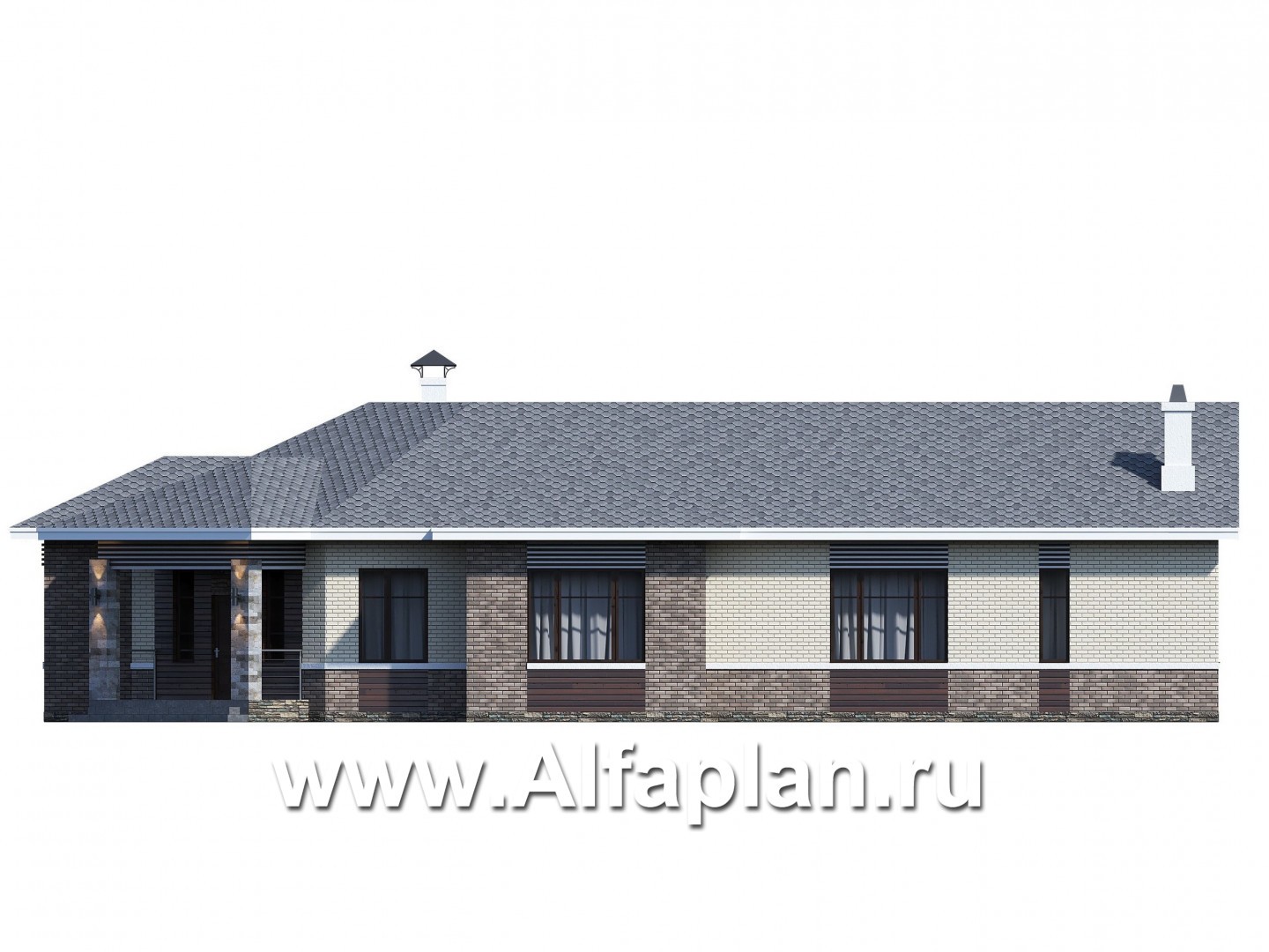 «Модуль» — проект одноэтажного дома, со вторым светом и с террасой, с диагональным планом, 4 спальни - фасад дома