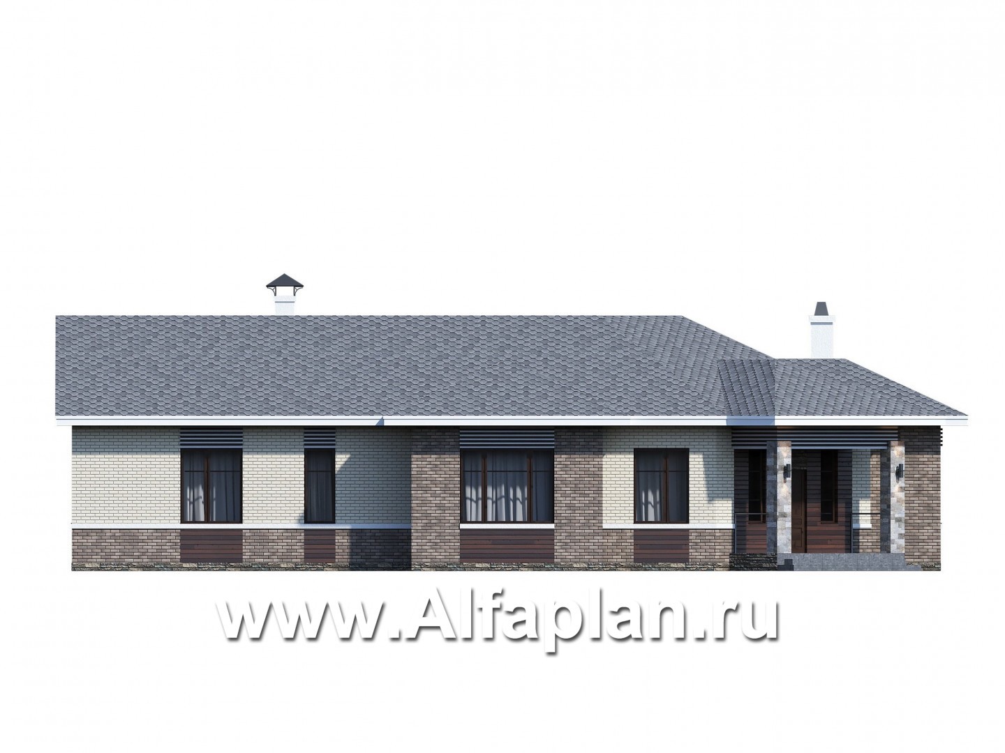 «Модуль» — проект одноэтажного дома, со вторым светом и с террасой, с диагональным планом, 4 спальни - фасад дома