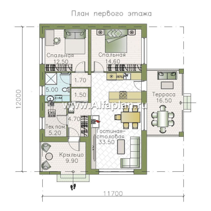 «Корица» - проект одноэтажного дома, с террасой, 2 спальни, с односкатной крышей - превью план дома