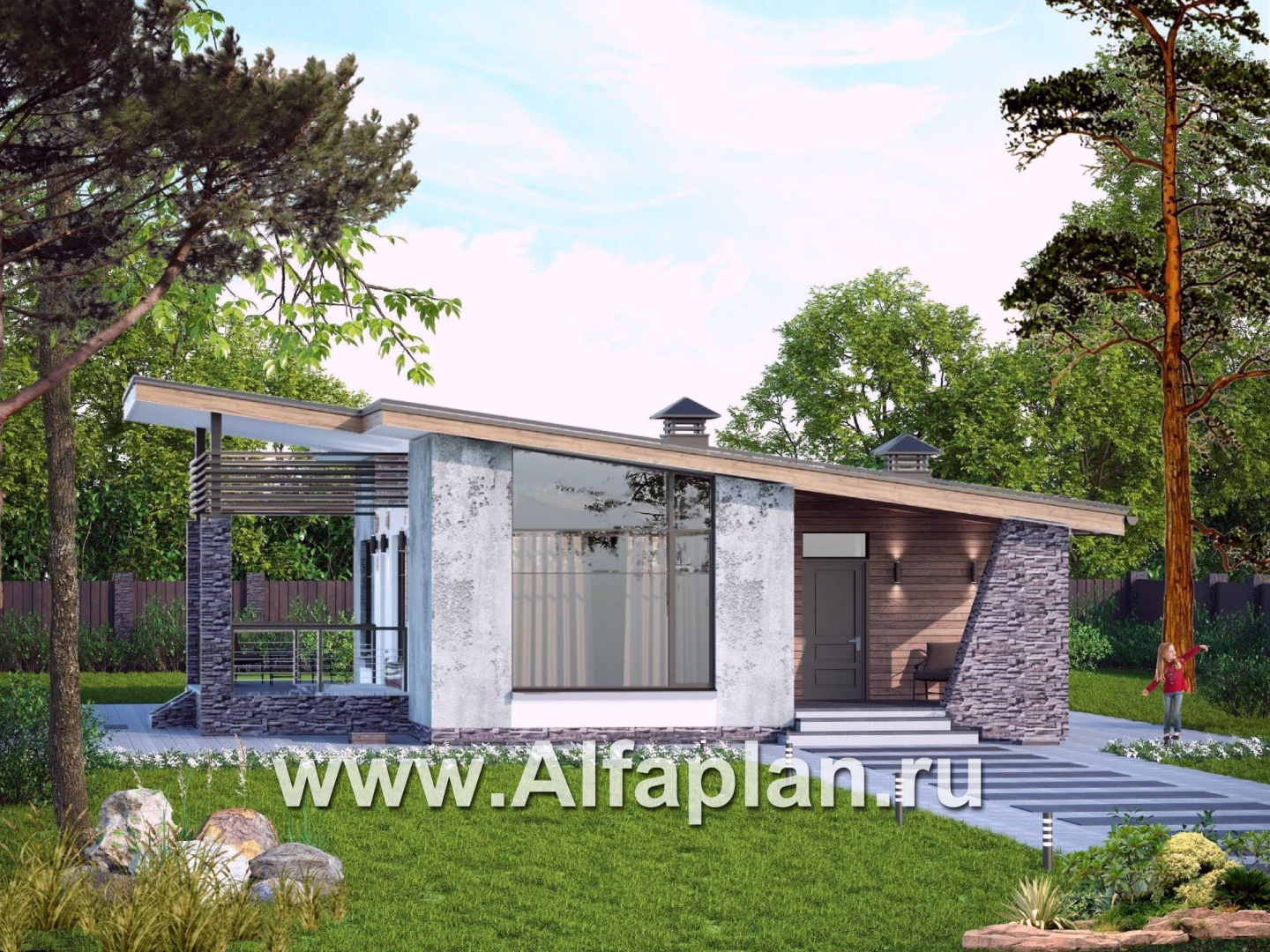 «Корица» - проект одноэтажного дома, с террасой, 2 спальни, с односкатной крышей - основное изображение