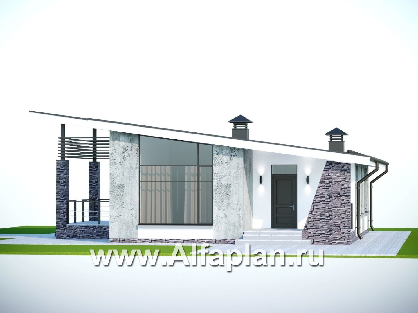 «Корица» - проект одноэтажного дома, с террасой, 2 спальни, с односкатной крышей - дизайн дома №1