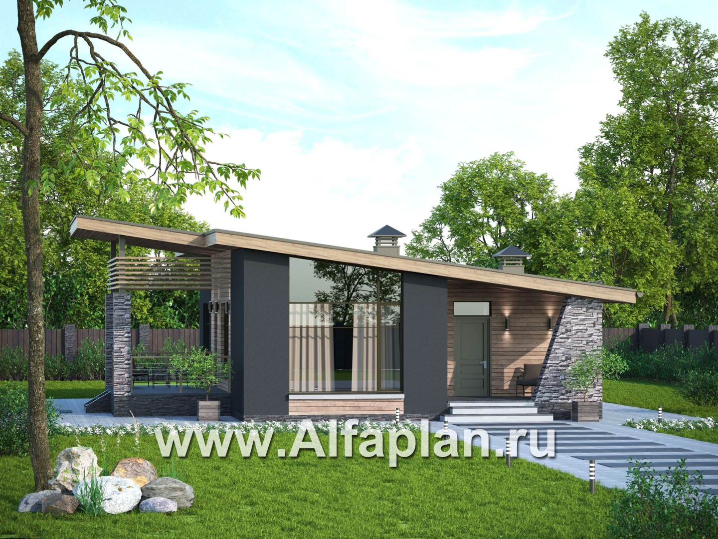 «Корица» - проект одноэтажного дома, с террасой, 2 спальни, с односкатной крышей - дизайн дома №4
