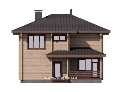 Проект двухэтажного дома из бруса, планировка с кабинетом на 1 эт и с террасой со стороны входа - превью фасада дома