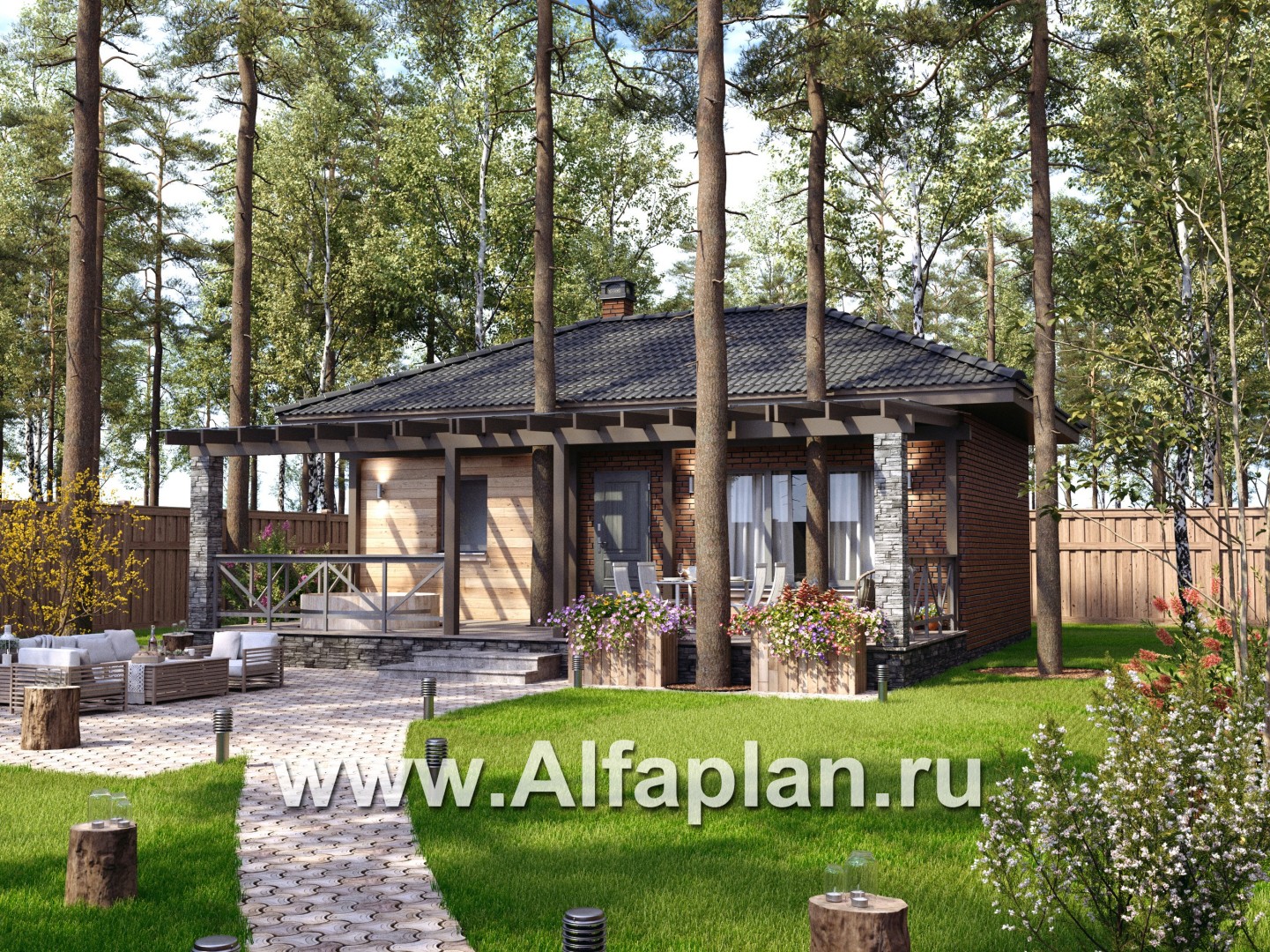 Проект бани, каркасный дом, с большой террасой  - основное изображение