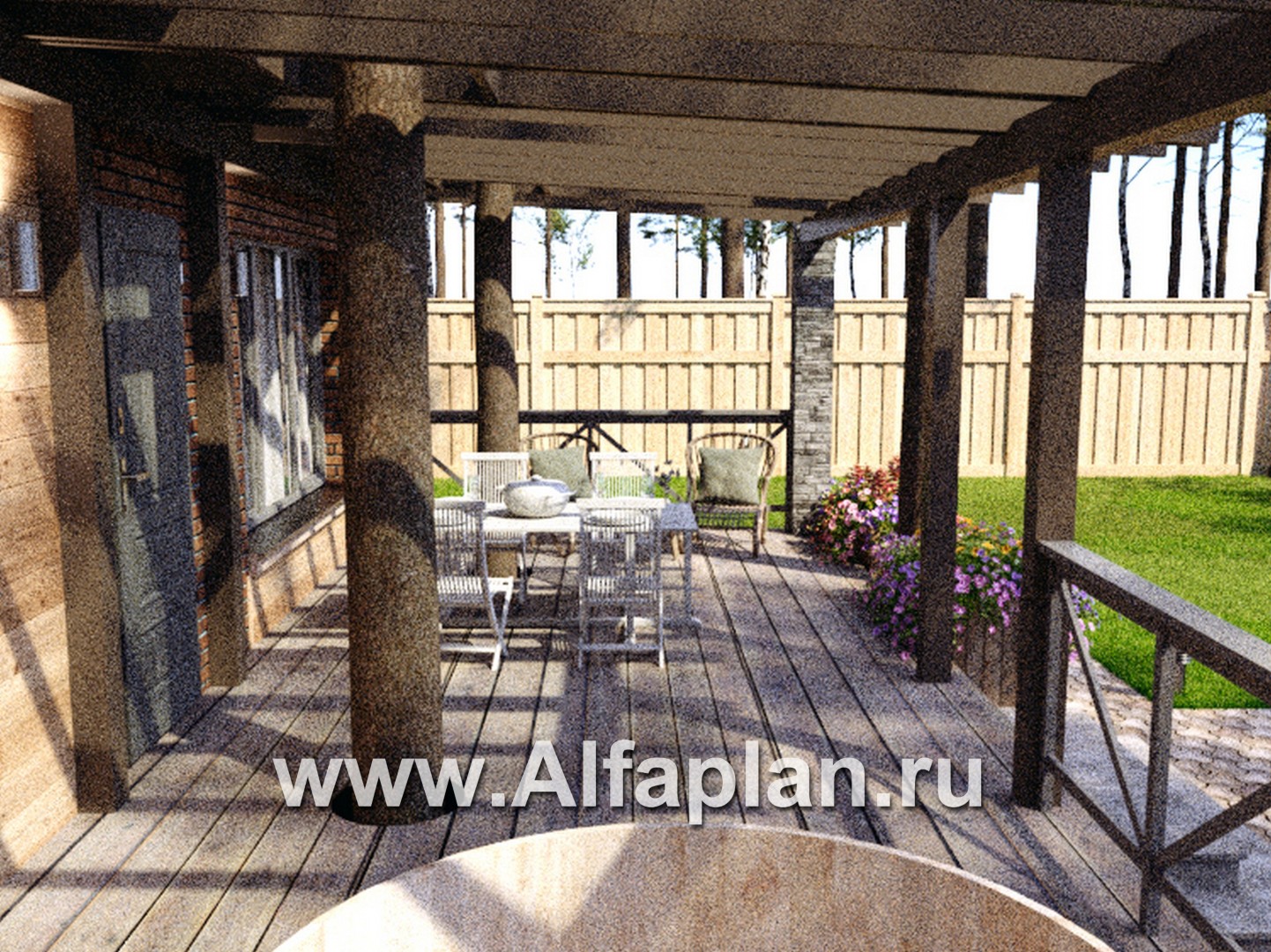 Проект бани, каркасный дом, с большой террасой  - дизайн дома №7