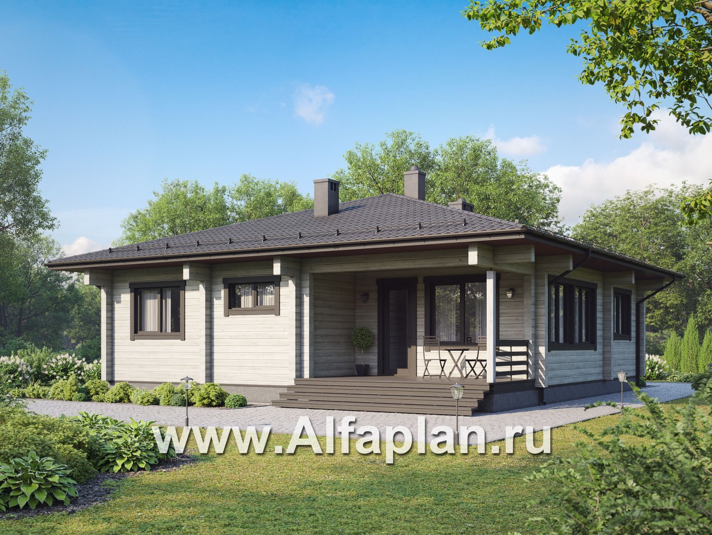 Проект одноэтажного коттеджа из бруса, 3 спальни, дача с террасой - дизайн дома №1